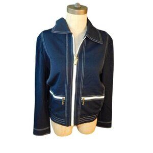 St. John Sport Size P Petite Small Navy Blue White Sporty Designer Zip Jacket